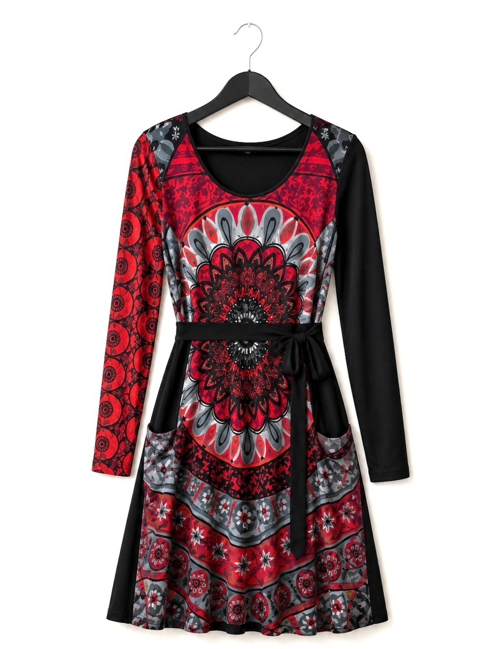 Desigual Mandala Red Black Print Long-Sleeve Dress with Pockets XL - Picture 4 of 10